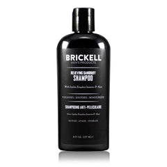 Brickell Men's Relieving Dandruff Shampoo hero bottle shows a natural formula for calm, flake-free scalp.