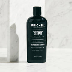 Brickell Men's Relieving Dandruff Shampoo packaging closeup emphasizes organic ingredients.