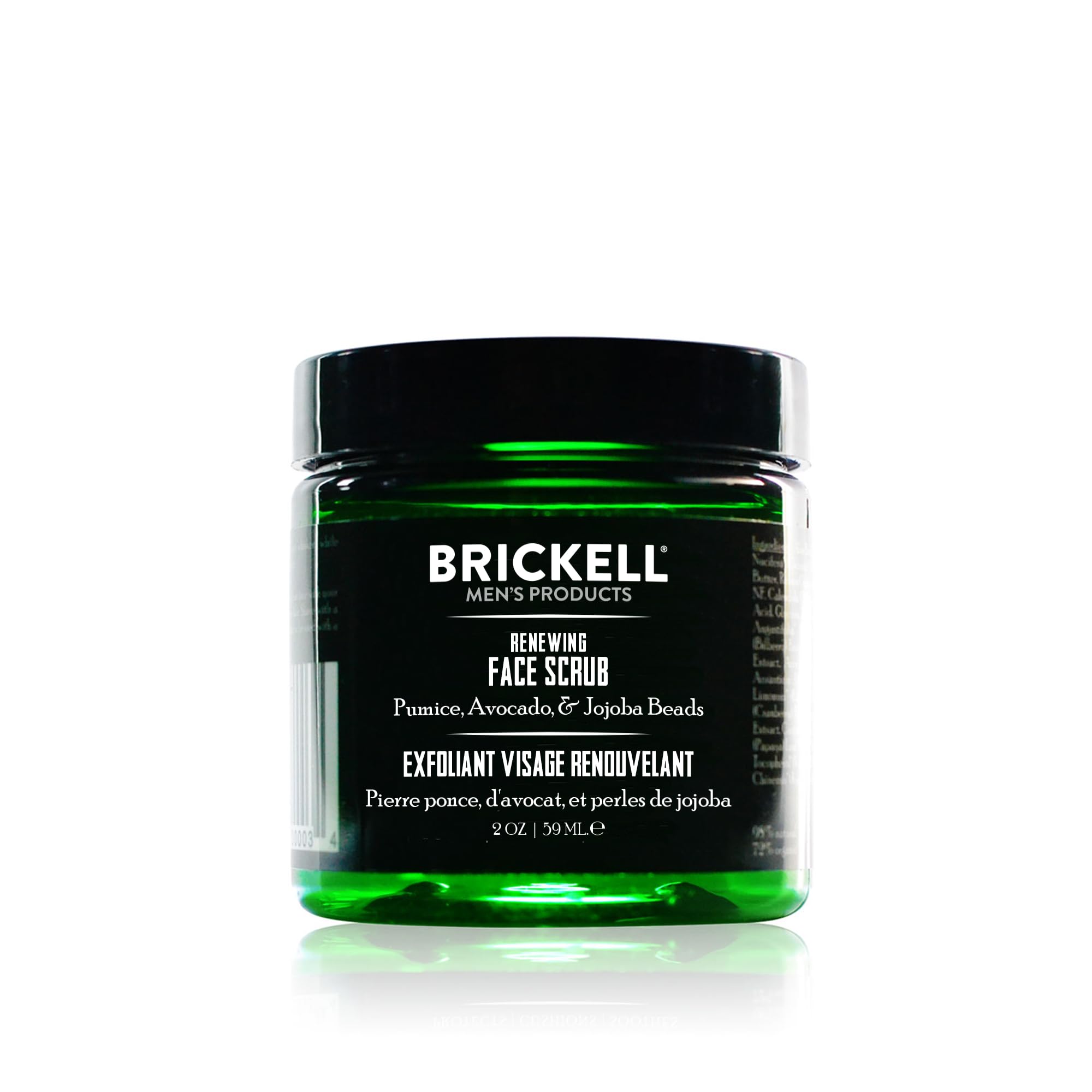 Brickell Men's Renewing Face Scrub bottle demonstrates premium exfoliation for smoother skin.