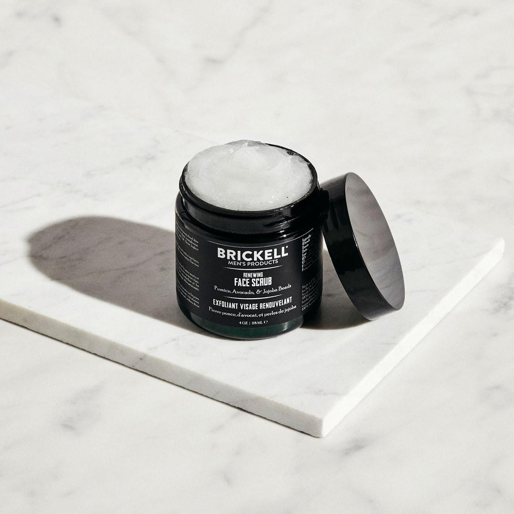 Brickell Men's Renewing Face Scrub pumice particles signal deep cleansing.