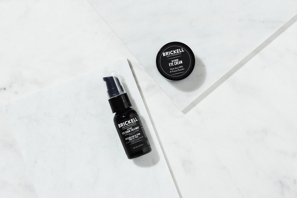Brickell Men's Restoring Eye Cream texture close-up demonstrates smooth application for sensitive skin