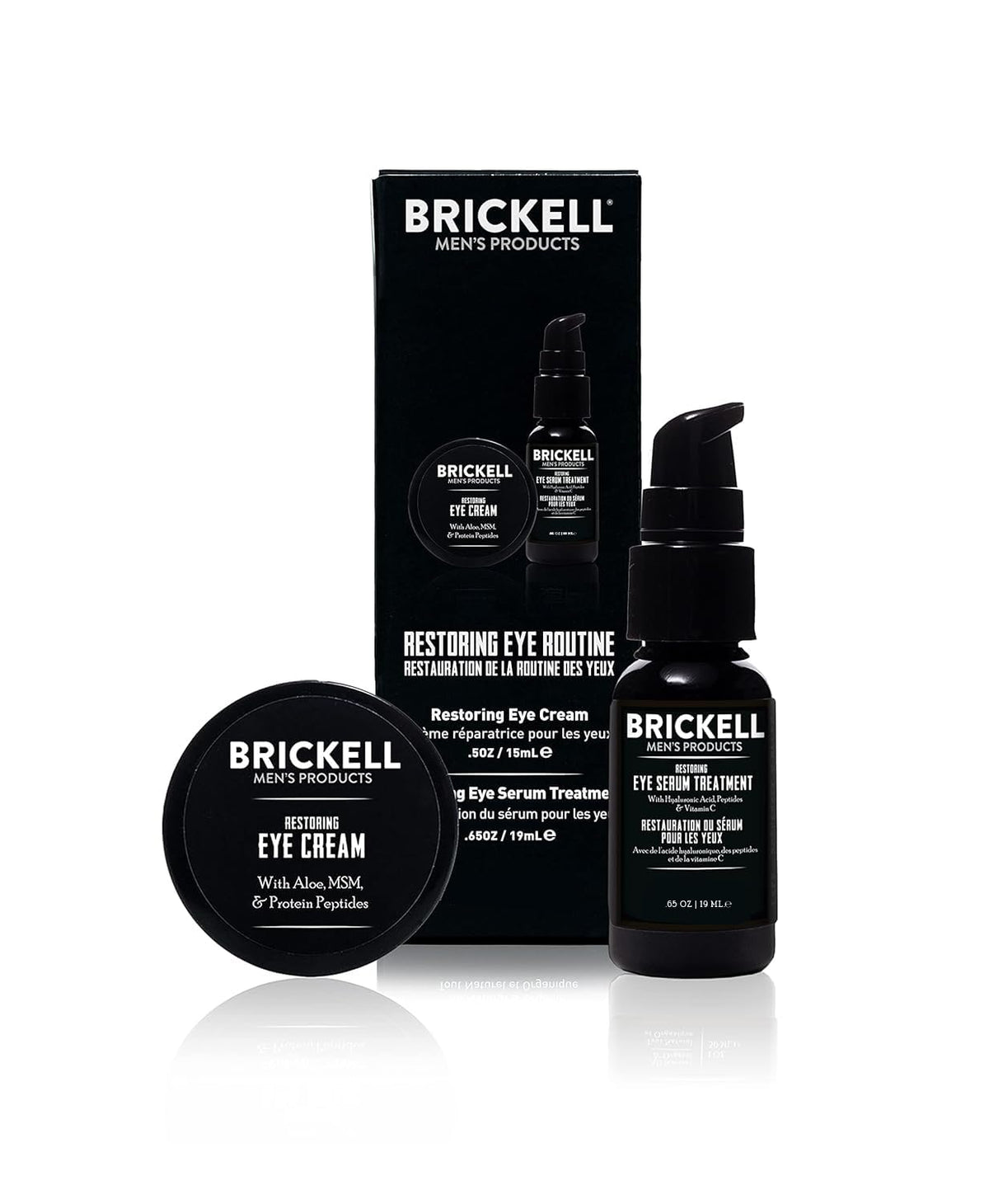 Brickell Men's Restoring Eye Routine box highlights natural unscented eye care gift set for refreshed mornings