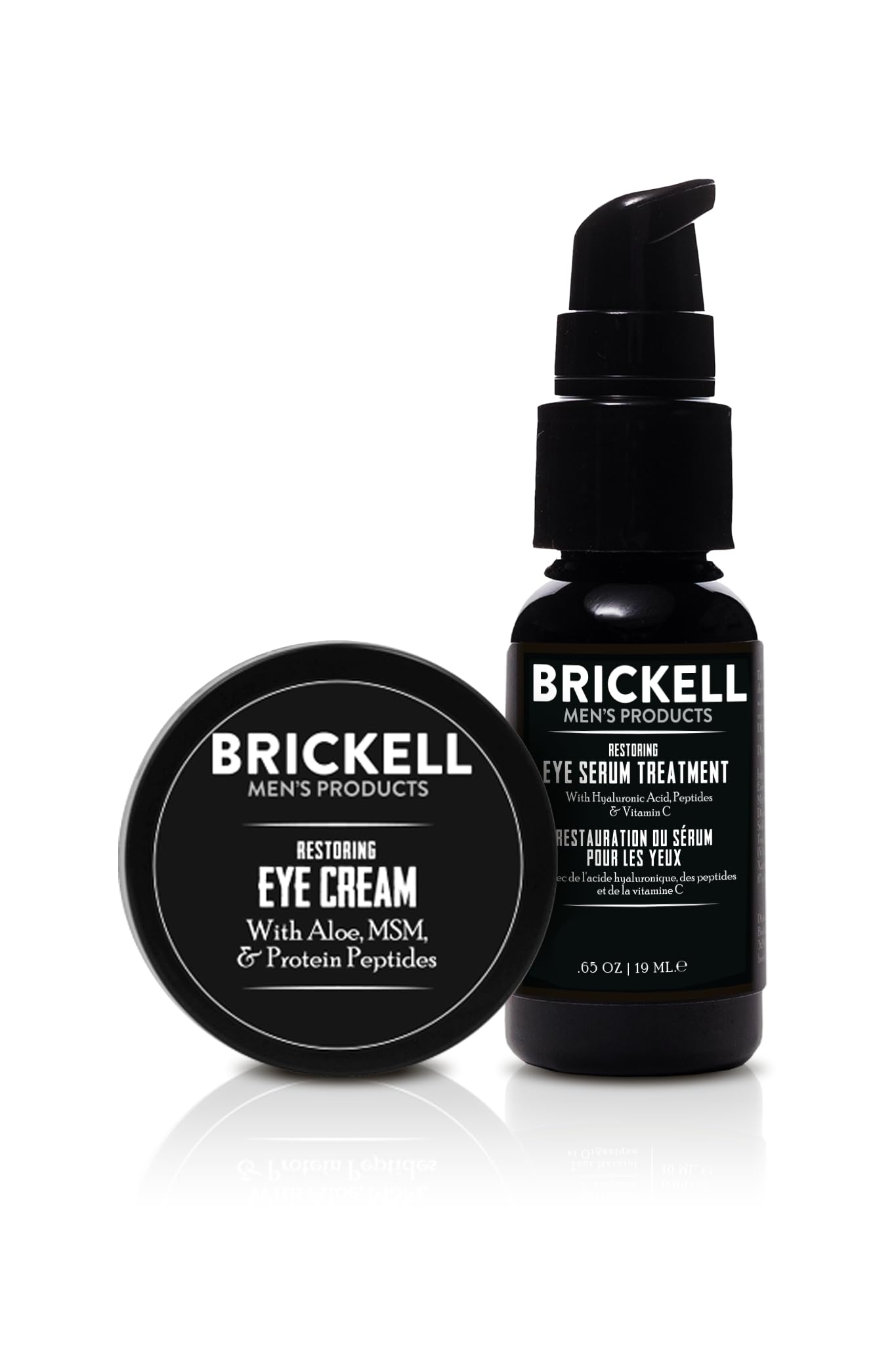 Brickell Men's Restoring Eye Serum bottle emphasizes peptide rich formula for awake looking eyes