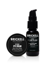 Brickell Men's Restoring Eye Serum bottle emphasizes peptide rich formula for awake looking eyes
