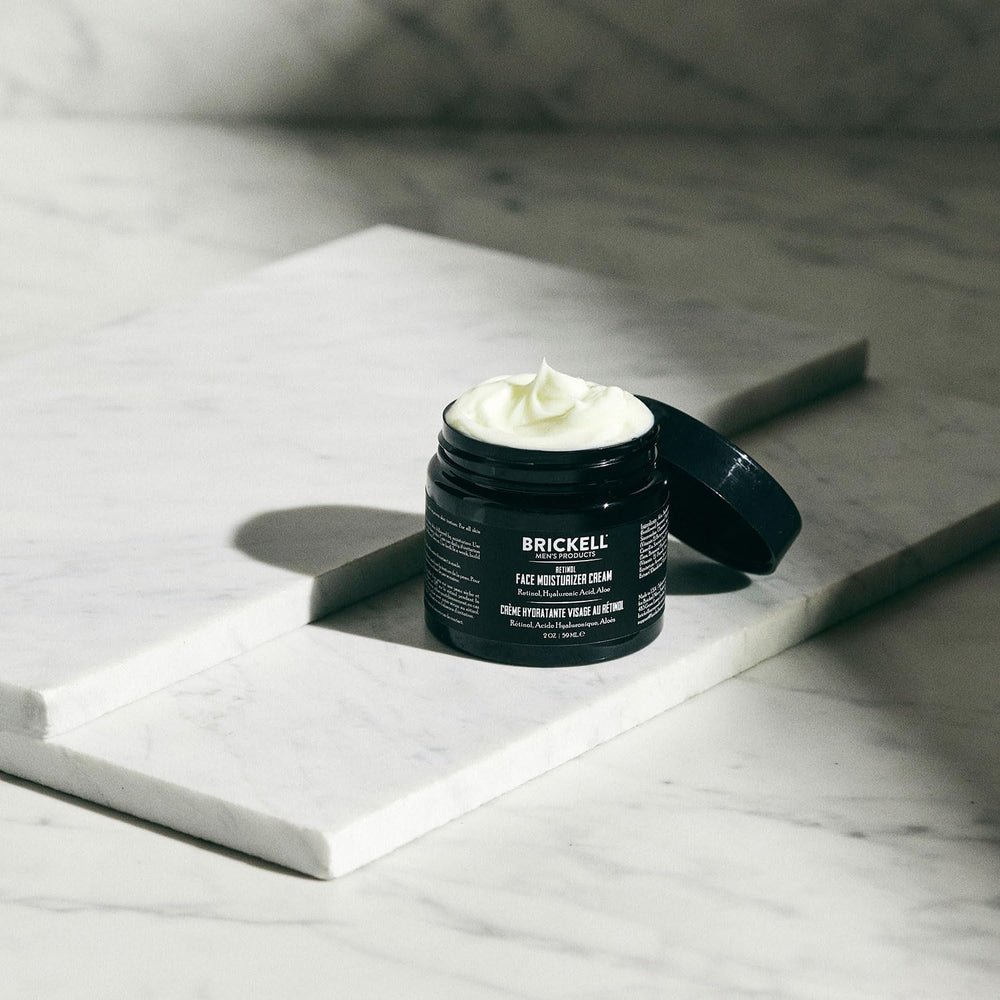 Brickell Men's Retinol Face Moisturizer fragrance-free packaging underscores clean daily use