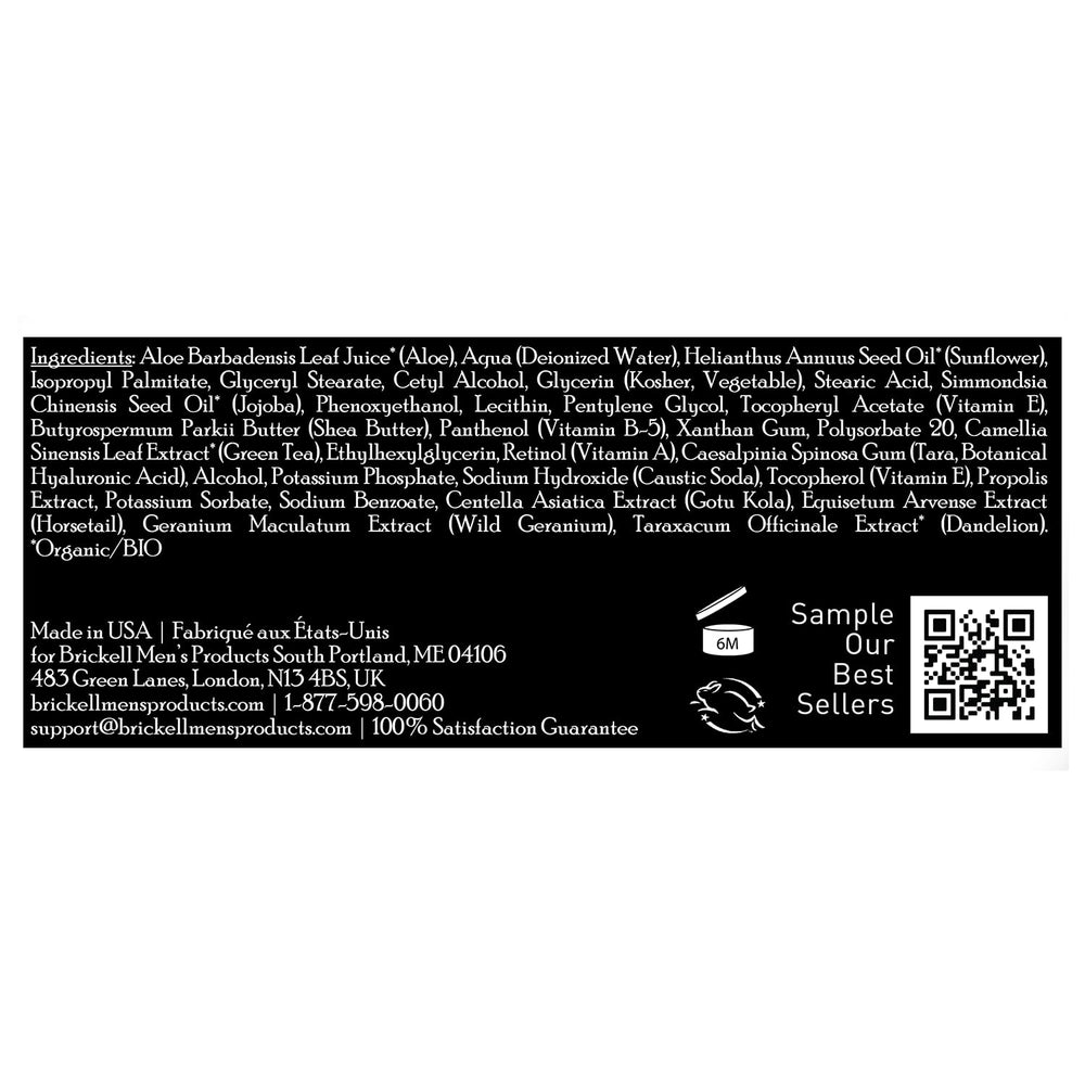 Brickell Men's Retinol Face Moisturizer label close-up communicates fragrance-free formula and natural ingredients