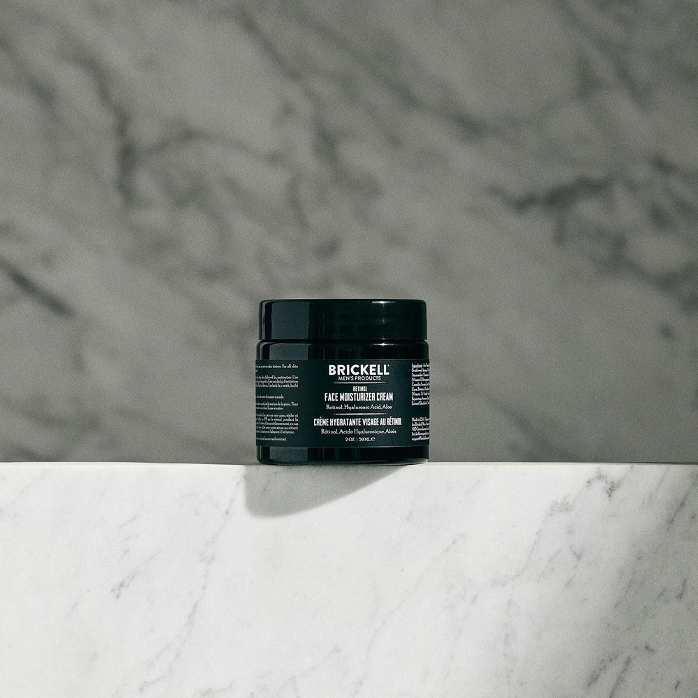 Brickell Men's Retinol Face Moisturizer night-routine image shows easy daily nighttime skincare