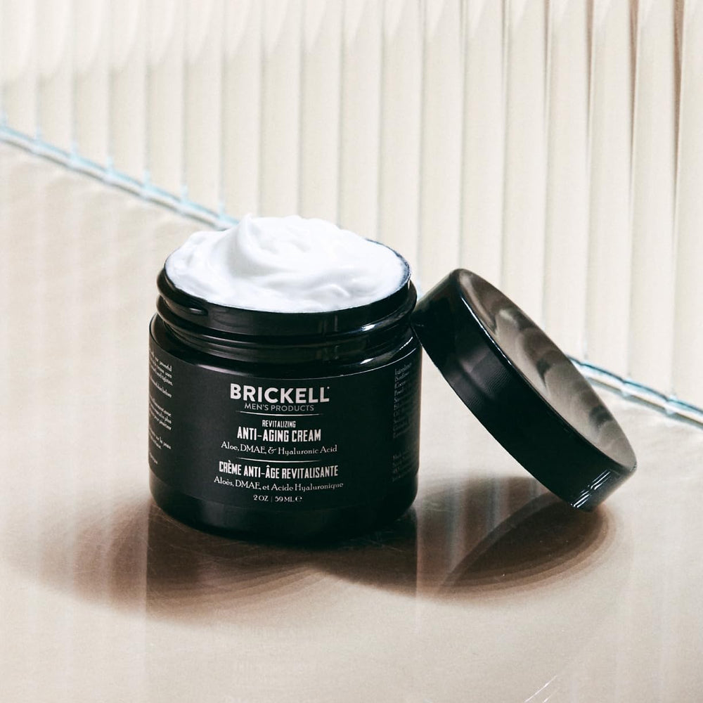 Brickell Men's Revitalizing Anti-Aging Cream being applied in night routine for smoother skin.