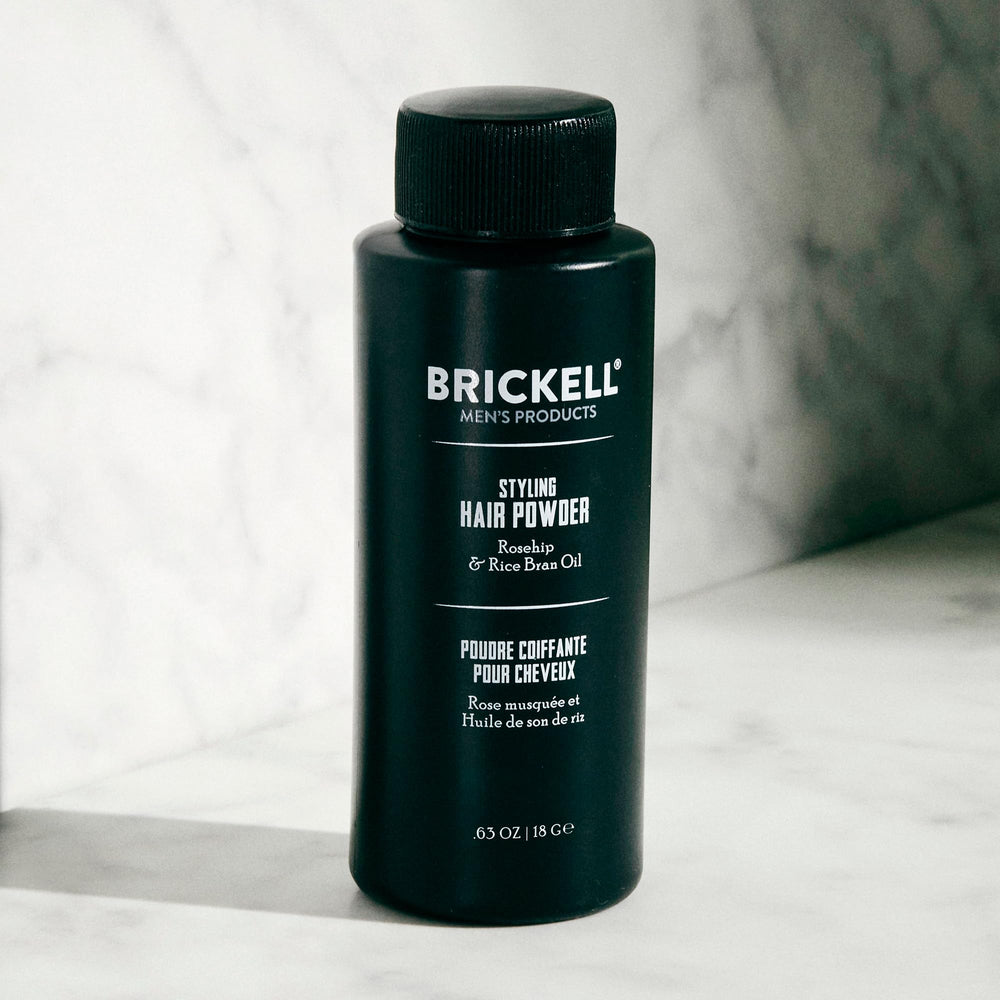 Brickell Men's Styling Hair Powder applying scenario offers instant texture for daily wear.