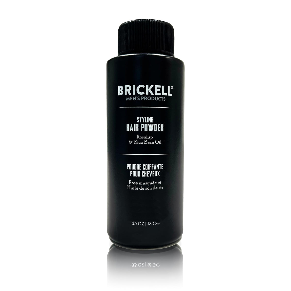 Brickell Men's Styling Hair Powder packaging shows a portable 18g container for quick volume.