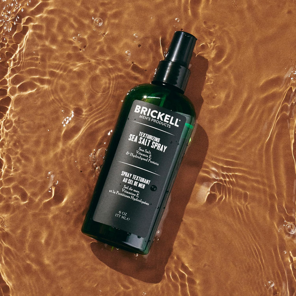 Brickell Men's Texturizing Sea Salt Spray hands-dispense shot enables quick styling