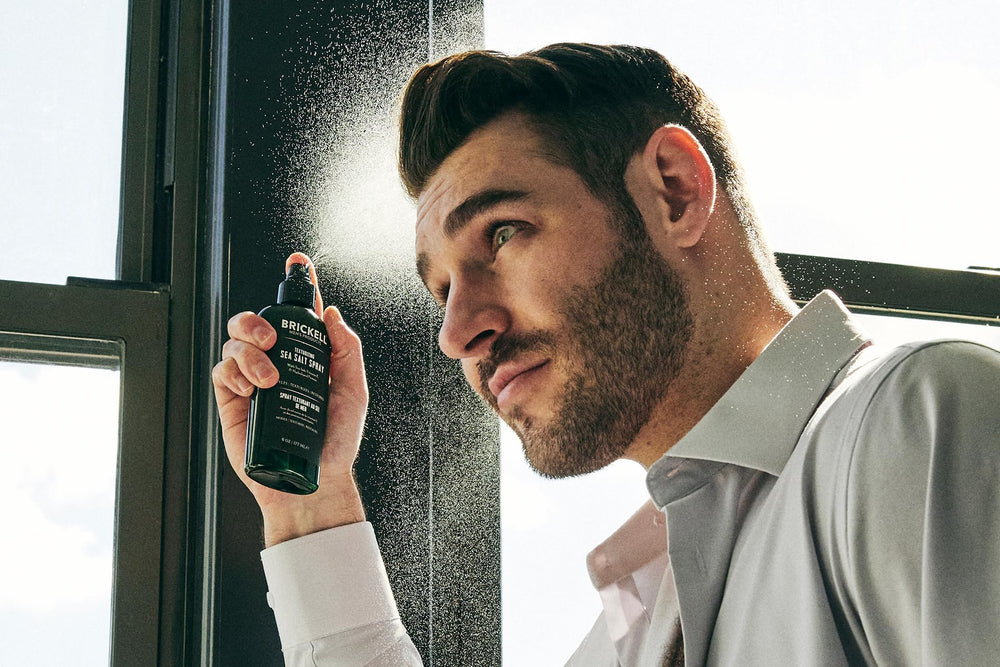 Brickell Men's Texturizing Sea Salt Spray natural beach-look on hair for surfer vibes