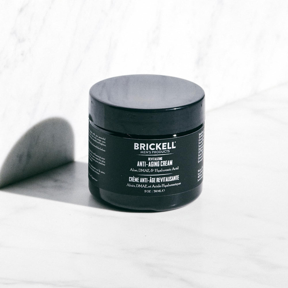 Brickell Men's Ultimate Anti-Aging ingredients label showcases natural and organic actives