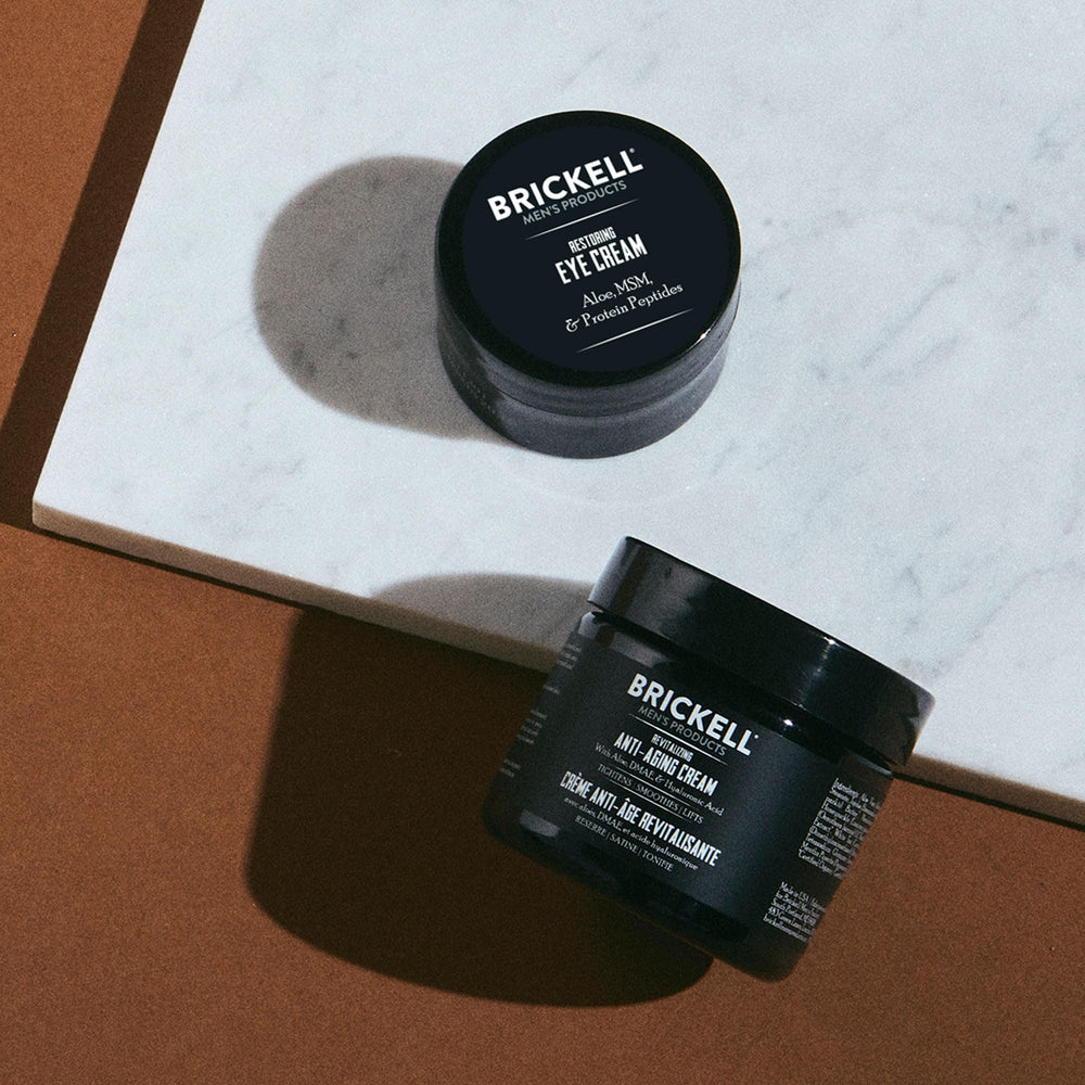 Brickell Men's Ultimate Anti-Aging Routine set packaging highlights natural ingredients and complete nightly care
