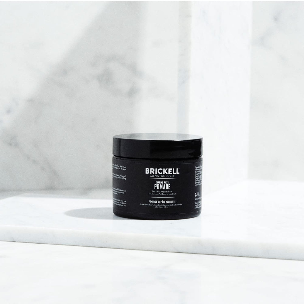 Brickell shaping paste pomade hair texture close-up showing definition.