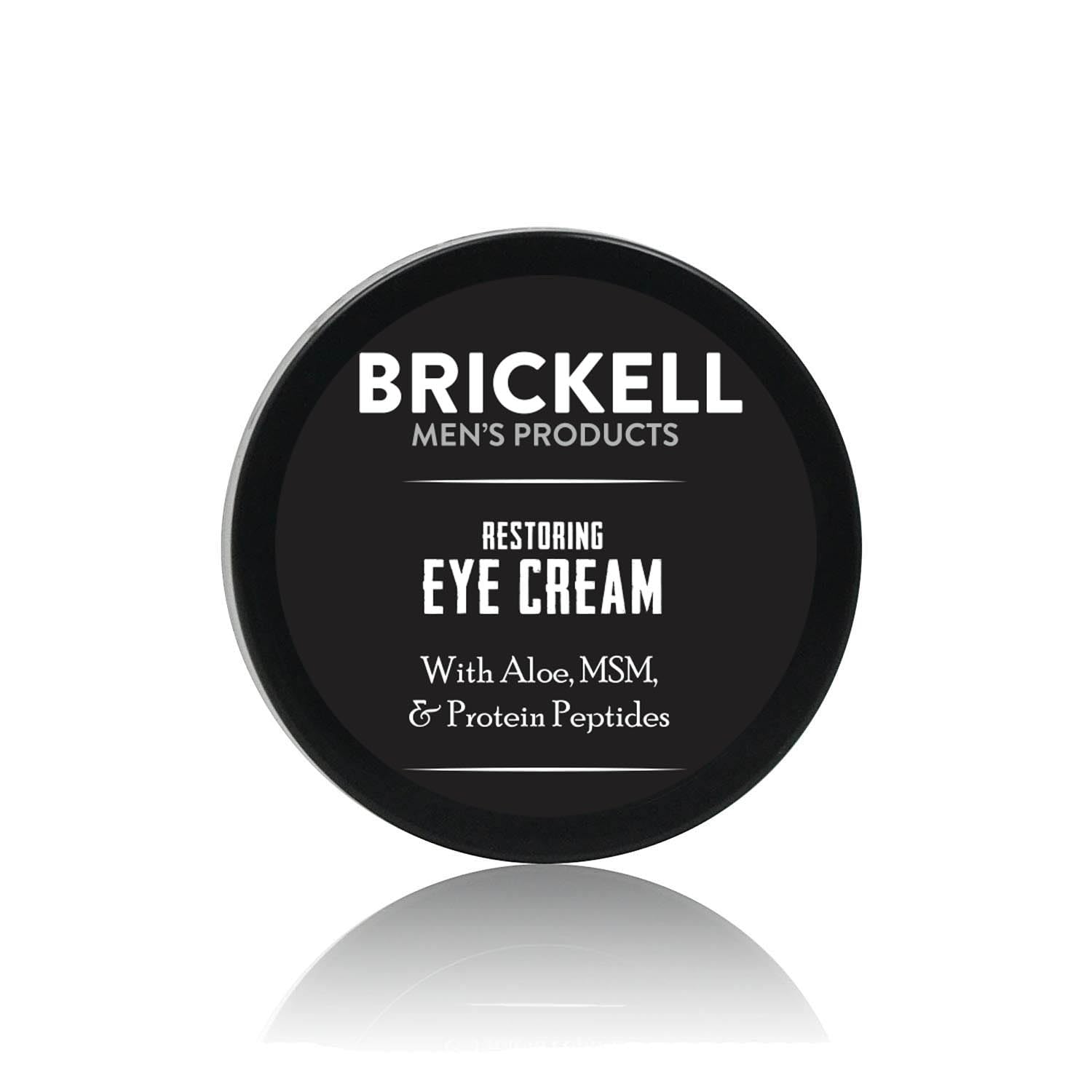 Brickell Restoring Under Eye Cream bottle close-up supports gentle eye hydration.