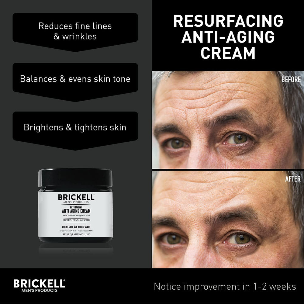 Brickell Resurfacing Anti-Aging Face Cream bottle close-up showing unscented formula.