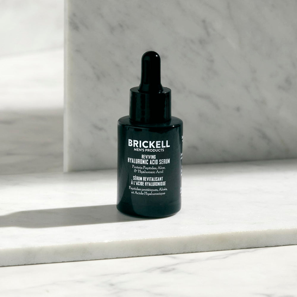 Brickell serum packaging close-up emphasizing natural organic ingredients.