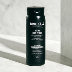 Brickell Stay Fresh Body Powder application demonstrates easy, mess-free use during workouts