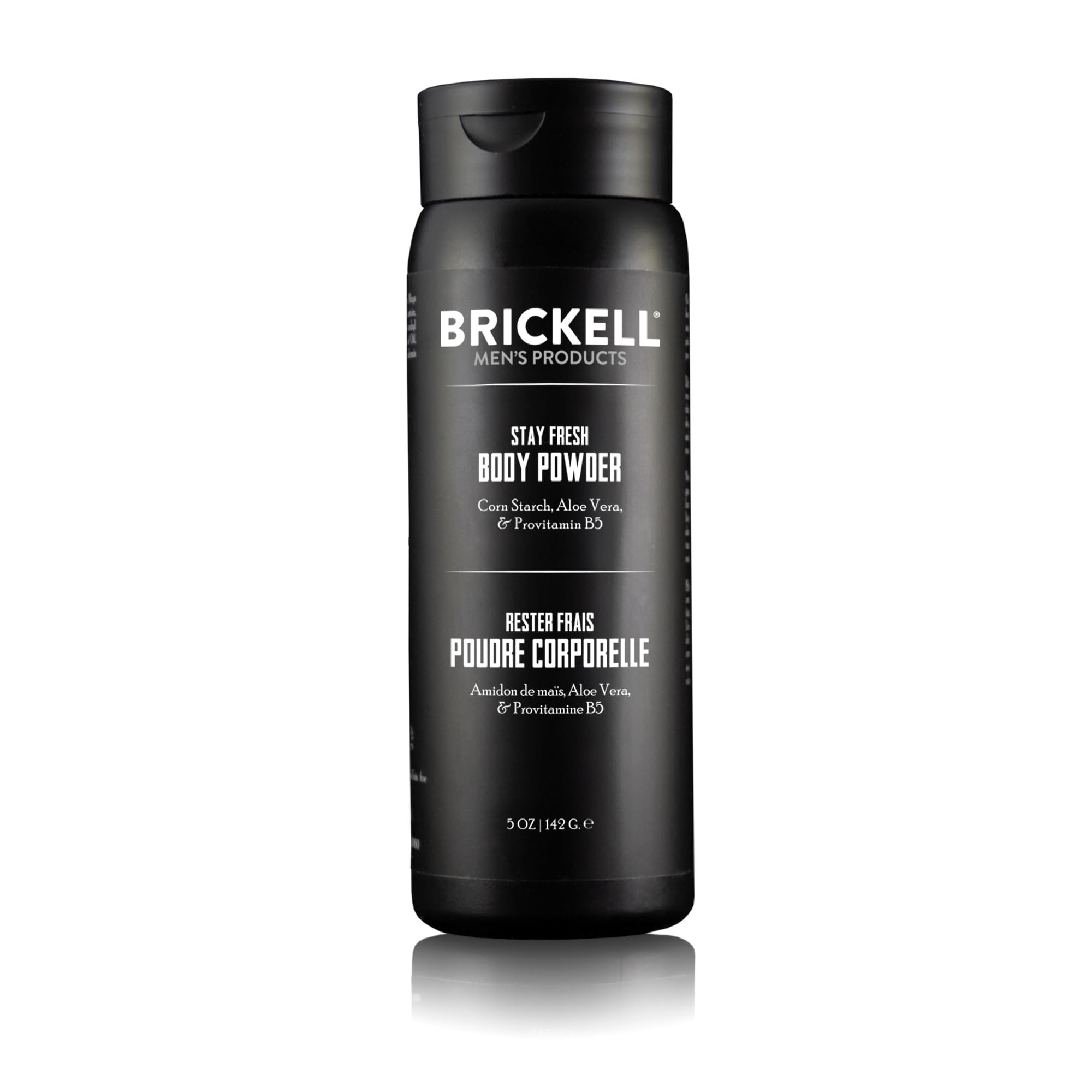 Brickell Stay Fresh Body Powder bottle shows talc-free formula for dry comfort during workouts.