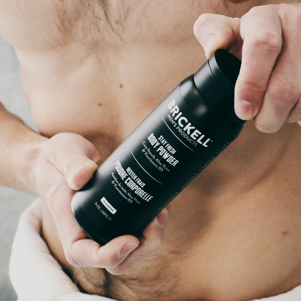 Brickell Stay Fresh sweat absorption highlight illustrates keeping skin dry after workouts.