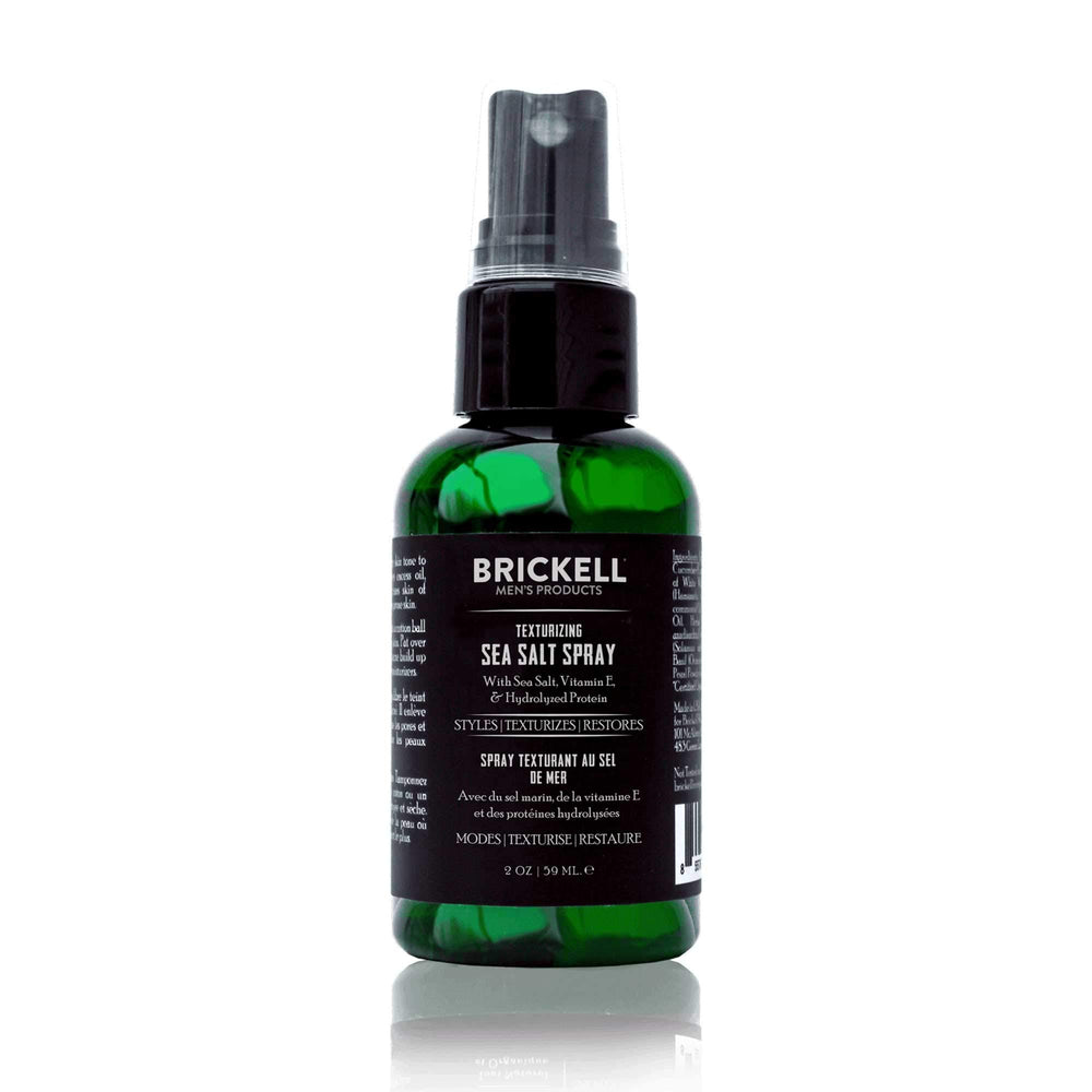 Brickell Texturizing Sea Salt Spray bottle closeup demonstrates natural volume boost for hair.