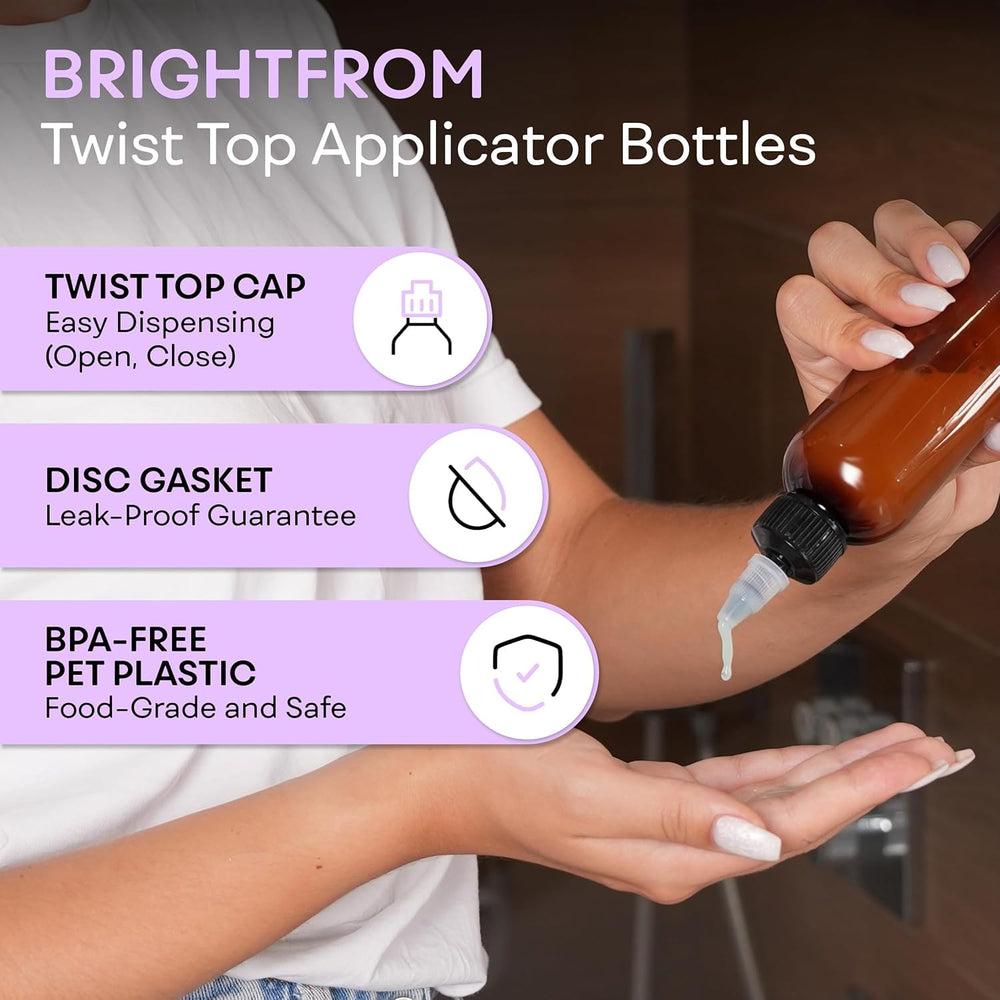 BRIGHTFROM BPA-free PET amber bottle with leak-proof twist cap for hair color applications.