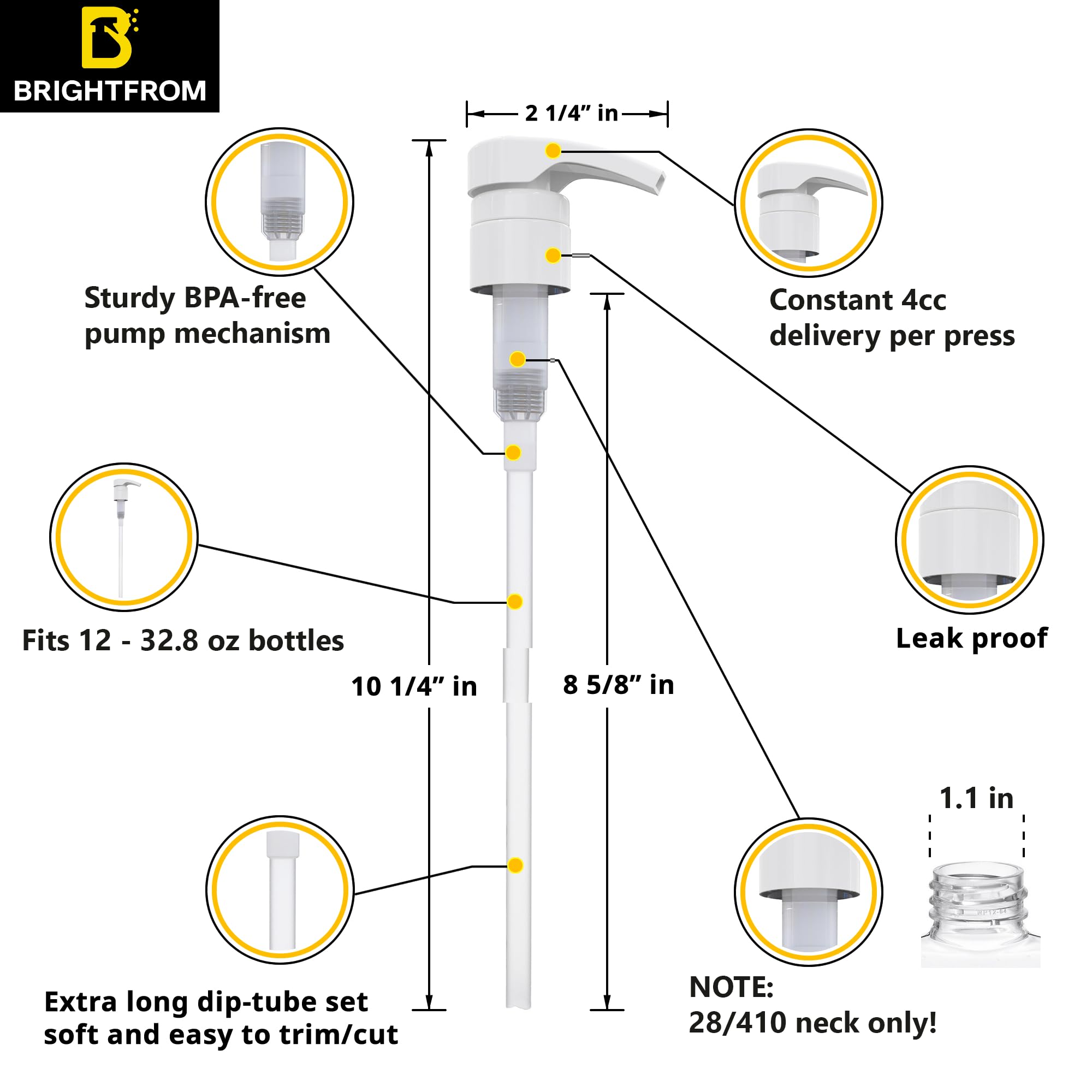 BRIGHTFROM dispensing pump in use shows water-guard design for durable, clean shower applications.