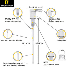 BRIGHTFROM dispensing pump in use shows water-guard design for durable, clean shower applications.