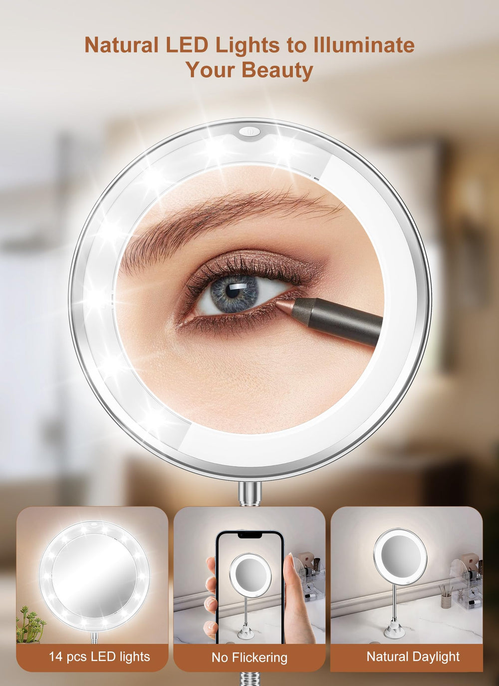 Brightown 10x magnifying mirror natural daylight LEDs render true colors for makeup accuracy