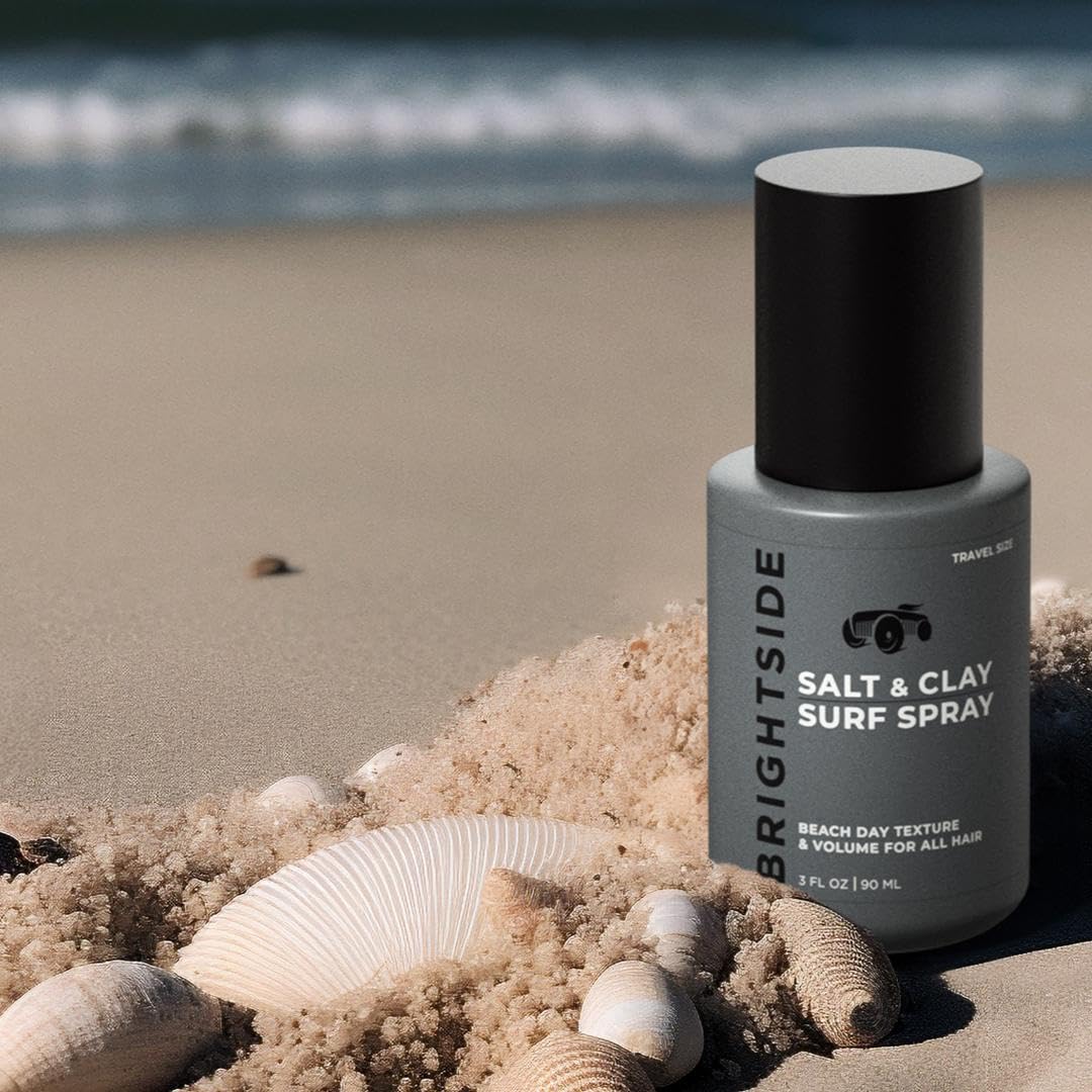 BRIGHTSIDE Salt & Clay Surf Spray packaging emphasizing travel-size convenience.