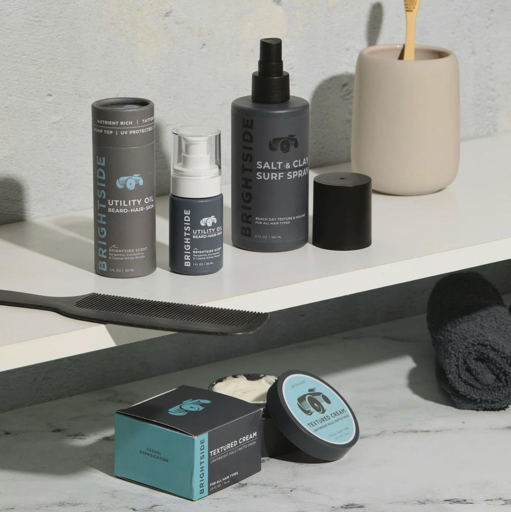 BRIGHTSIDE Travel-size Salt & Clay Surf Spray for on-the-go touch-ups.