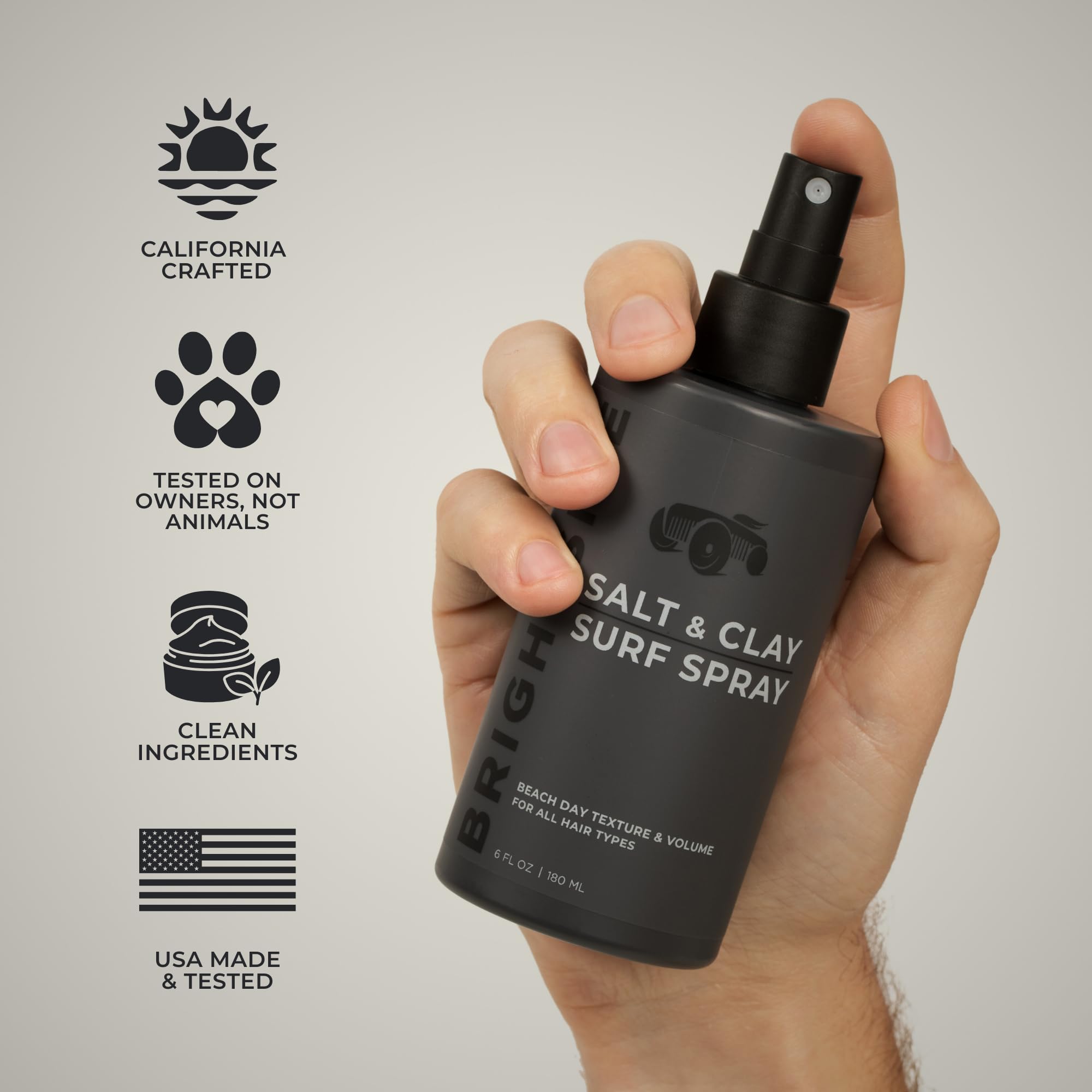 BRIGHTSIDE surf spray being applied for textured, wind-swept hair and natural shine.