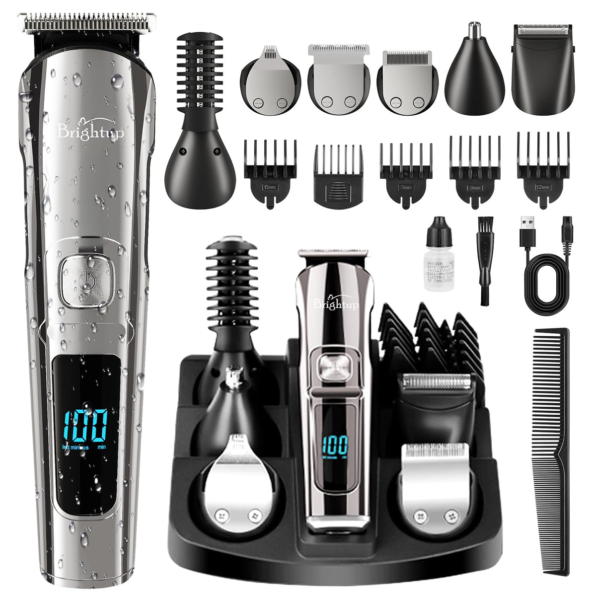 Brightup beard trimmer kit with base and six heads for all-in-one grooming.