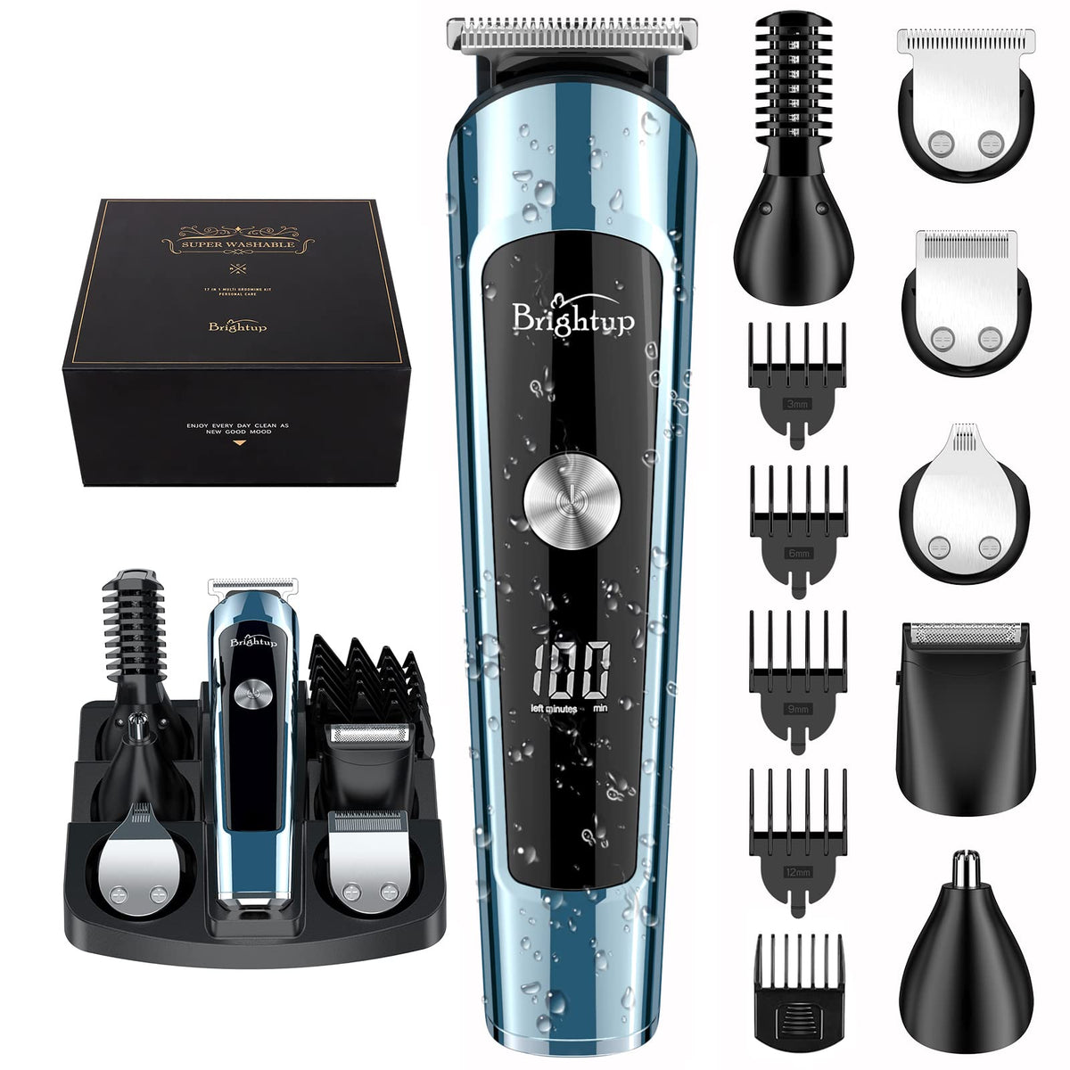 Brightup beard trimmer kit open view shows versatile grooming for beard and body