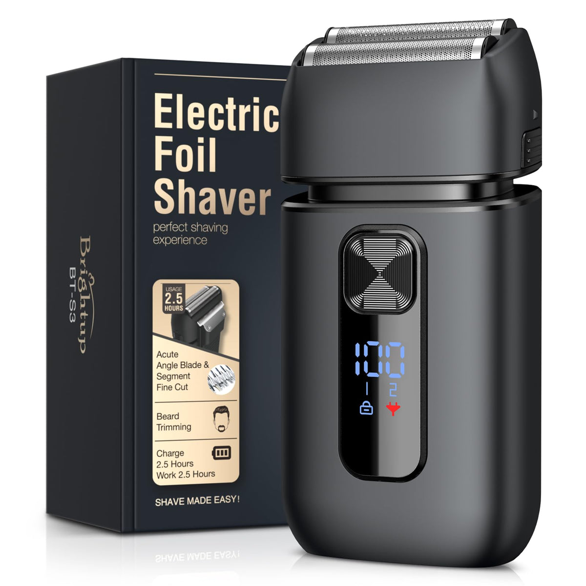 Brightup Foil Shaver front view with integrated trimmer for precise grooming.