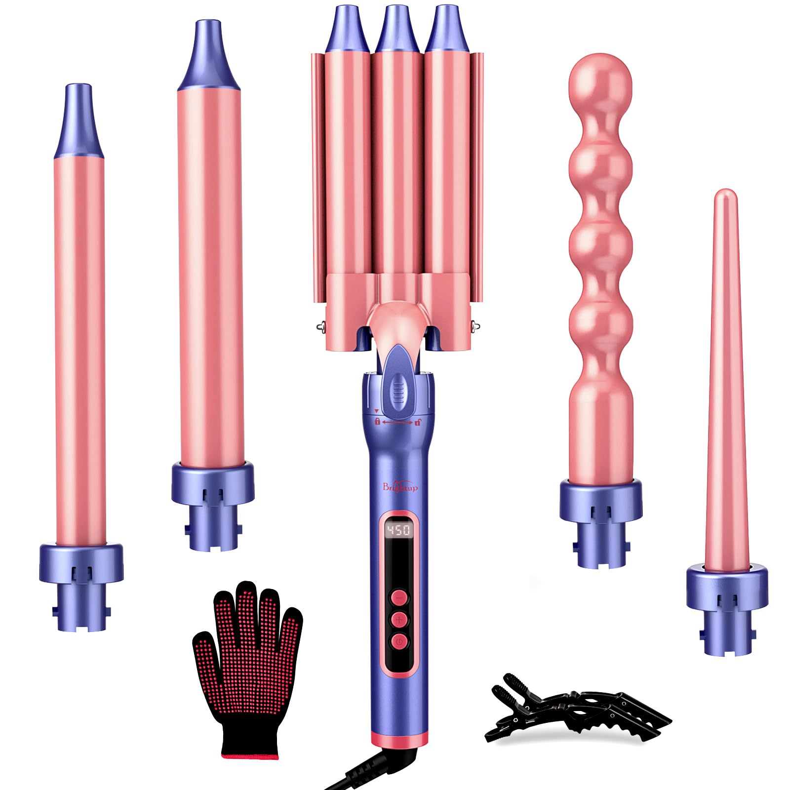Brightup Pro 5-in-1 wand with LCD display for precise heat control and safer styling.