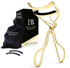 Brilliant Beauty eyelash curler with satin bag in gold for portable salon grade curl