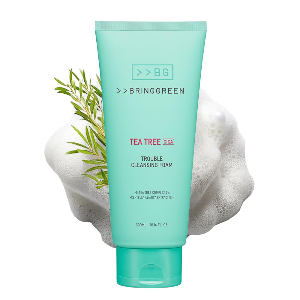 BRING GREEN Tea Tree Cica Cleansing Foam bottle demonstrates gentle exfoliation and calming cleanse