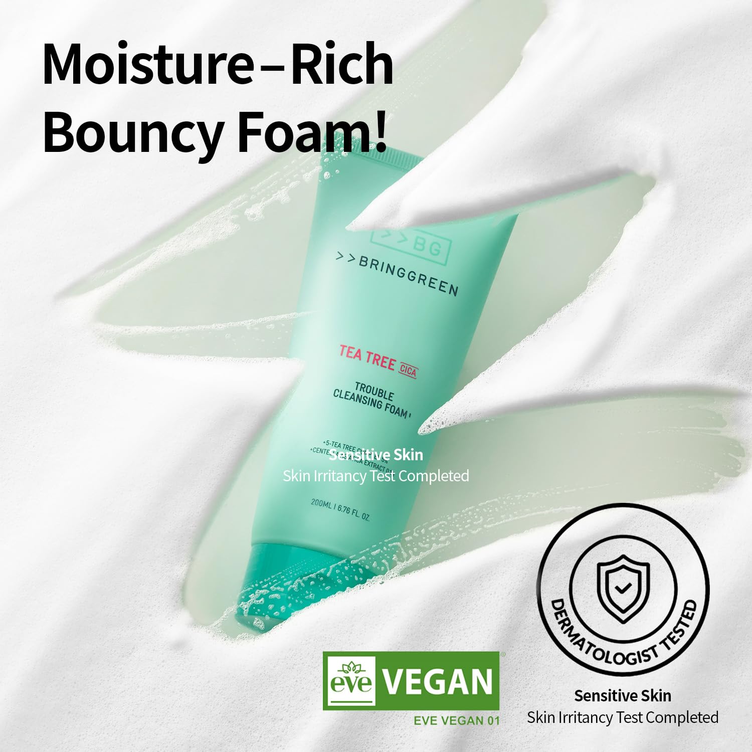 BRING GREEN Tea Tree Cica Cleansing Foam close-up texture suggests mild, soothing cleansing