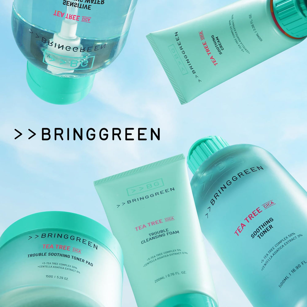 BRING GREEN Tea Tree Cica Cleansing Foam packaging emphasizes vegan and cruelty-free formulas