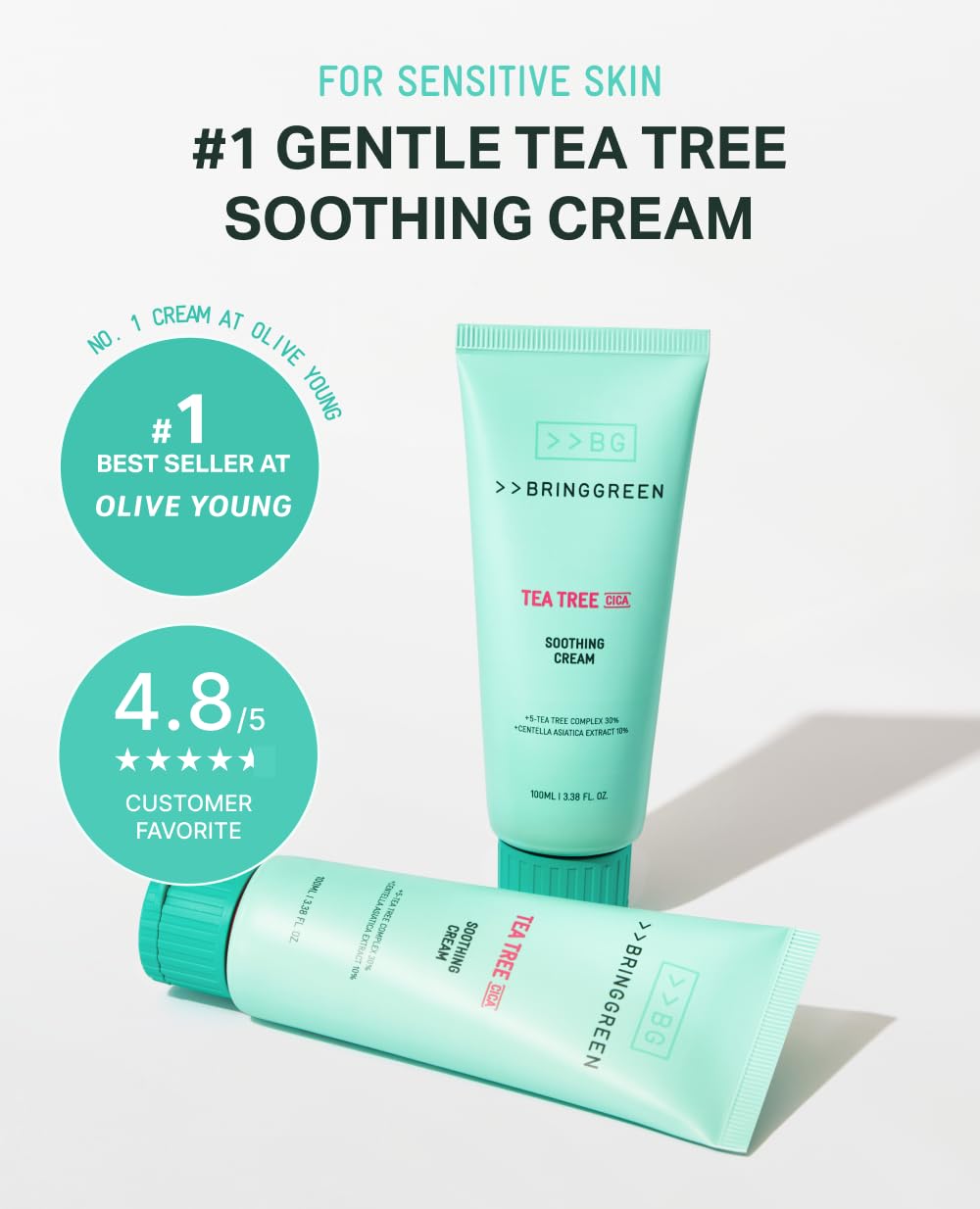 Close-up of BRING GREEN label on Tea Tree Cica Cream packaging.