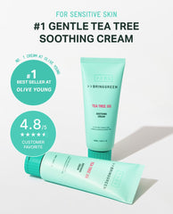 Close-up of BRING GREEN label on Tea Tree Cica Cream packaging.