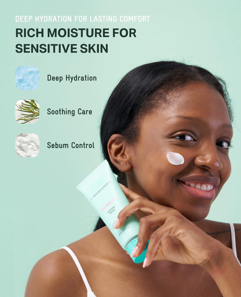 Close look at BRING GREEN Tea Tree Cica Cream texture and cooling feel.