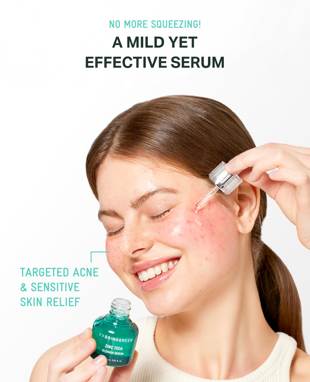 BRING GREEN Zinc Teca Serum being applied in the palm for easy absorption.