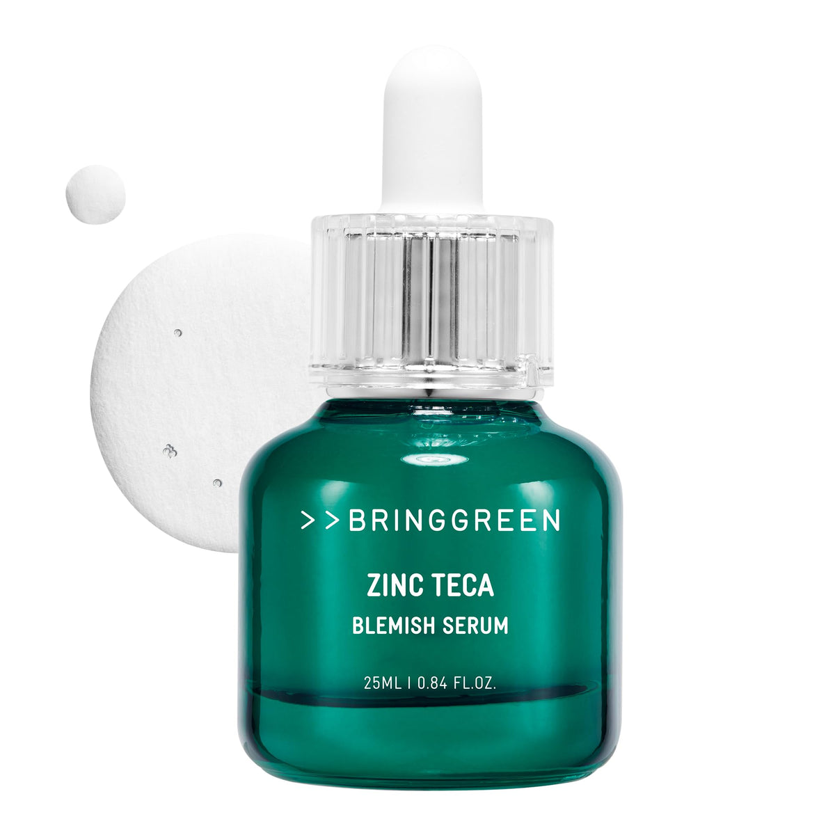 BRING GREEN Zinc Teca Serum bottle closeup showing soothing formula for sensitive skin.