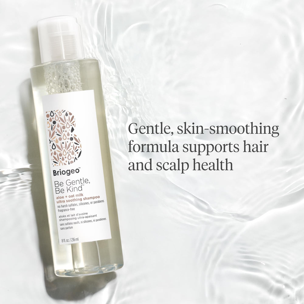 Briogeo Be Gentle Be Kind aloe-oat-milk ingredients closeup features calming botanicals.