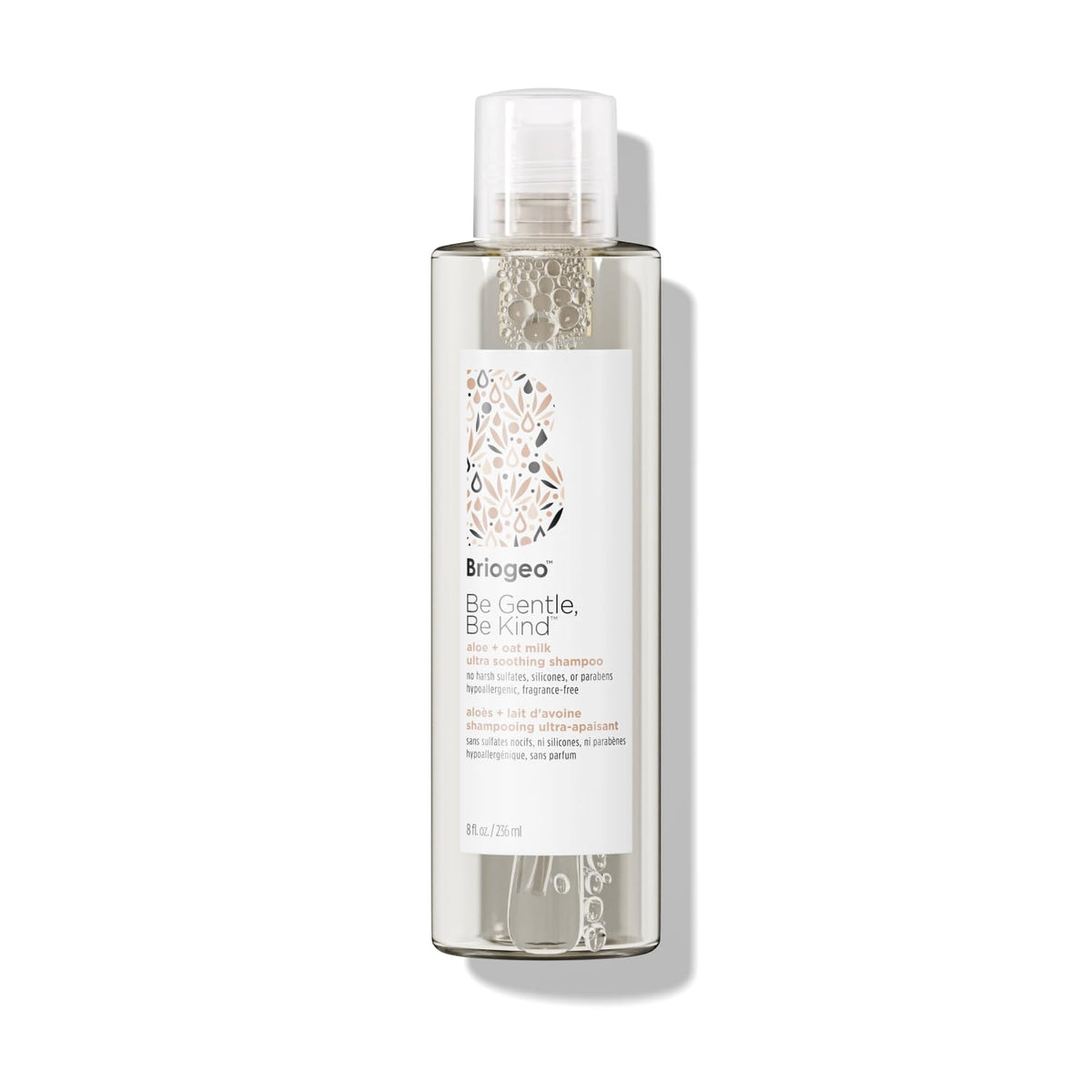Briogeo Be Gentle Be Kind shampoo bottle highlights fragrance-free formula for sensitive scalps.