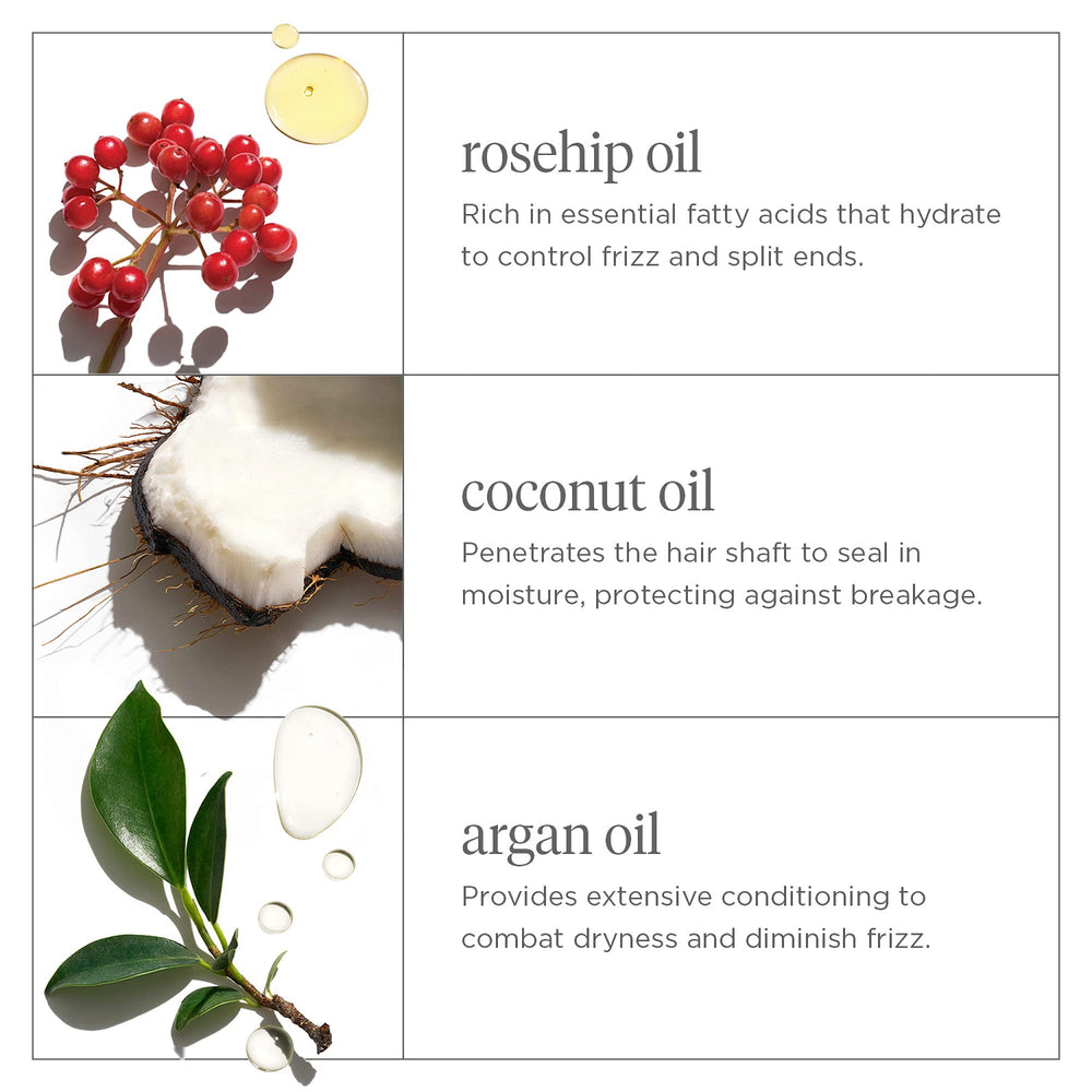 Briogeo Coconut oil bottle demonstrates moisture sealing to protect hair.