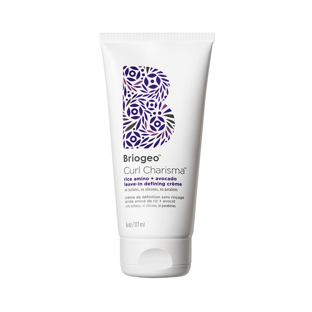 Briogeo Curl Charisma bottle closeup shows premium leave-in curl care for defined waves